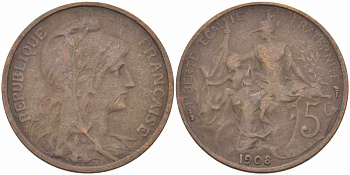 ФРАНЦИЯ 5 САНТИМОВ 1908 ТИП ДАНИЭЛЬ ДЮПЮИ KM 842, LE FRANC 119.19 бронза 108-913