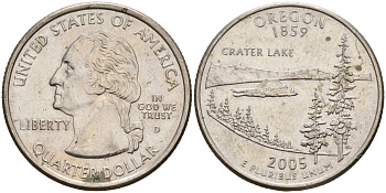 США 25 центов = квотер 2005 D, серия штаты США, Орегон KM 372 медь плакированная медно-никелем 4143-1156