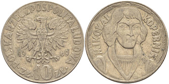 ПОЛЬША 10 ЗЛОТЫХ 1969 MW, НИКОЛАЙ КОПЕРНИК KM 51а медно-никель 4542-741