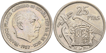 Испания 25 песет 1957 (70) Франсиско Франко (1939-1975) KM 787 медно-никель  UNC  4144-216