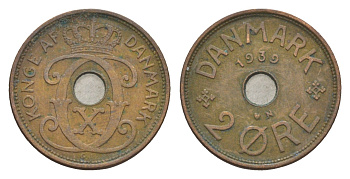 Дания 2 эре 1939 N, Кристиан X (1912-1947) KM 827 бронза 4639-763