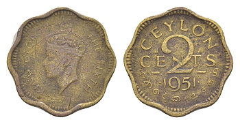 Цейлон 2 цента 1951 Георг VI (1936-1952) KM 119 никель латунь 4649-236