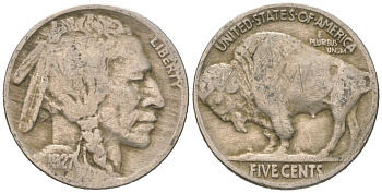 США 5 центов 1927 индеец, бизон KM 134 медно-никель 4614-1122