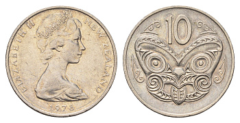 Новая Зеландия 10 центов 1978 Елизавета II (1952-2022), маска маори KM 41 медно-никель 4675-156