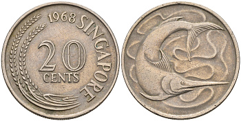 Сингапур 20 центов 1968 голубой марлин, тунец KM 4 медно-никель 4116-412