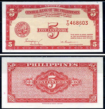 Филиппины 5 сентаво 1949 Pick 126a бумага aUNC 6279-36-2-2