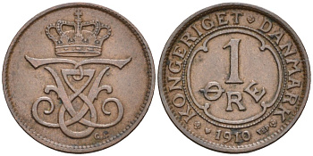 Дания 1 эре 1910 VBP; GJ, Фредерик VIII (1906-1912) KM 804 бронза 188-1236