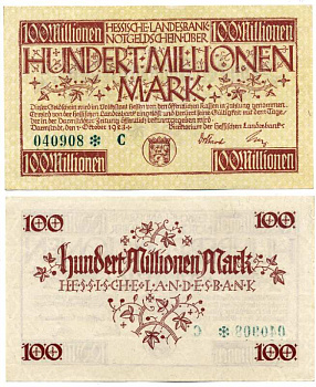 ДАРМШТАДТ, ГЕРМАНИЯ 100000000 МАРОК (100 МИЛЛИОНОВ МАРОК) 1923 1 СЕНТЯБРЯ 1923, НОТГЕЛЬД, ЗЕМЛЯ ГЕССЕН, НОМЕР, СНЕЖИНКА, СЕРИЯ С, ЗЕЛЁНАЯ, HESSESCHE LANDESBANK Keller 956е бумага аUNC 8613-23-2-2