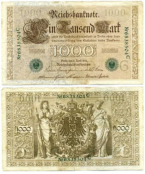 ГЕРМАНИЯ 1000 МАРОК 1910 21 АПРЕЛЯ 1910, ЗЕЛЁНАЯ ПЕЧАТЬ, СЕМИЗНАЧНЫЙ НОМЕР Pick 45b бумага 7198-31-2-2