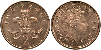 Великобритания 2 пенса 2004 Елизавета II (1952-2022) KM 987, Spink 4690 (C5) сталь плакированная медью 65-936
