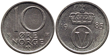 НОРВЕГИЯ 10 ЭРЕ 1985 KM 416 медно-никель 4387-825