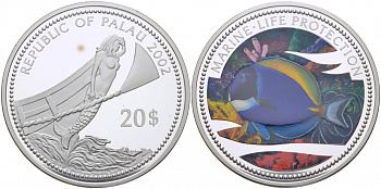 Палау 20 долларов 2002 русалка на бушприте, тропическая рыба, цветная эмаль, 155 г., 5 унций серебро PROOF 01-097-13-2