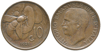 ИТАЛИЯ 10 ЧЕНТЕЗИМО 1921 R, МОНДВОР РИМ, ВИКТОР ЭММАНУИЛ III (1900-1946) KM 60 медь 34-256