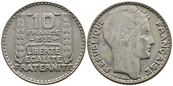 Франция 10 франков 1932 Пьер Тюрен KM 878, Le Franc 360.5 серебро 79-1534