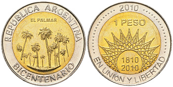 Аргентина 1 песо 2010 200 лет Аргентине - парк Эль-Палмар KM 156 биметалл UNC 4620-643