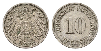 Германия 10 пфеннигов 1906 F, Вильгельм II (1888-1918) KM 12, J. 13 медно-никель 4636-857