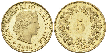 Швейцария 5 раппенов 2010 B KM 26c алюминиевая бронза UNC 4115-1262