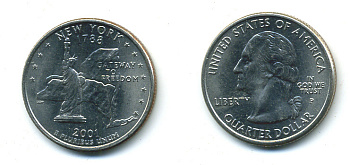 США 25 центов = квотер 2001 Р, серия штаты США, Нью-Йорк KM 318 медь плакированная медно-никелем 4388-754