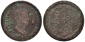 Испания 8 мараведи 1817 J Фердинанд VII KM 461 медь    4117-532