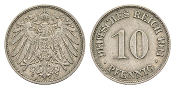 Германия 10 пфеннигов 1911 J, Вильгельм II (1888-1918) KM 12, J. 13 медно-никель 4640-321