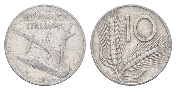 Италия 10 лир 1953 R, плуг, колосья KM 93 алюминий 4704-525