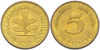 ФРГ 5 ПФЕННИГОВ 1980 D KM 107, J. 382 сталь плакированная латунью 4181-968