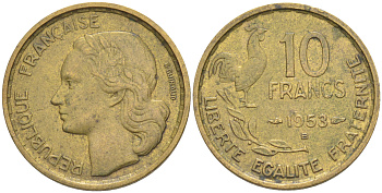 Франция 10 франков 1953 B, петух KM 915.2, Le Franc 363.9 алюминиевая бронза 187-731