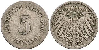 Германия 5 пфеннигов 1900 A KM 11, J. 12 медно-никель 4151-425
