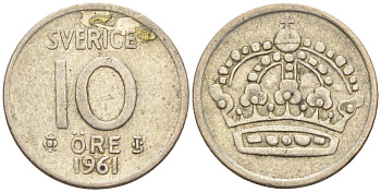 Швеция 10 эре 1961 Густав VI Адольф (1950-1973) KM 823 серебро 4147-929