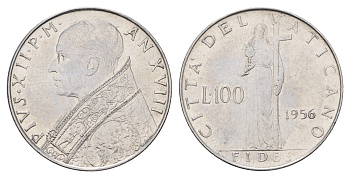 Ватикан 100 лир 1956 Пий XII (1939-1958) KM 55 нержавеющая сталь 4671-1012
