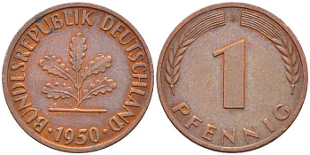 ФРГ 1 ПФЕННИГ 1950 J KM 105, J. 380 сталь плакированная медью 116-344