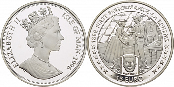 Остров Мэн 15 евро 1996 первое театральное представление 1896 год, Пуччини KM 719 серебро PROOF 11-174-21