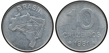 БРАЗИЛИЯ 10 КРУЗЕЙРО 1981 KM 593.1 сталь 72-1435
