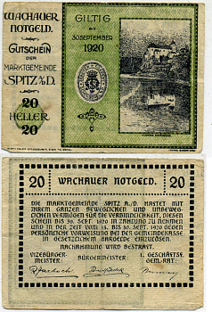 ВАШАУЭР, АВСТРИЯ 20 ГЕЛЛЕРОВ 1920 ГИЛТИГ, НОТГЕЛЬД, 30 СЕНТЯБРЯ 1920 бумага 445-53-1-1