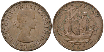 Великобритания 1/2 пенни 1966 Елизавета II (1952-2022) KM 896, Spink 4158 бронза 4610-712