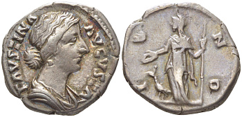 Римская Империя денарий 175 Фаустина Младшая, жена Марка Аврелия, FAVSTINA AVGVSTA, бюст императрицы / IVNO, Юнона, Рим, 3,51 гр RIC 689 серебро 1073-18-51