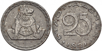 ААХЕН 25 ПФЕННИГОВ 1921 НОТГЕЛЬД, ВЕСТФАЛИЯ железо 3856-1026