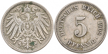 ГЕРМАНИЯ 5 ПФЕННИГОВ 1902 A, KM 11, J. 12 медно-никель 73-1718