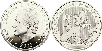 Испания 10 евро 2002 Председательство Испании в Евросоюзе, карта KM 1048 серебро PROOF 11-256-35