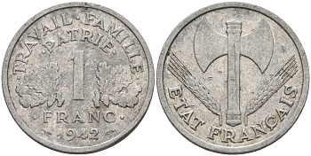 Франция 1 франк 1942 LB, тип Lourde, правительство Виши KM 902.1, Le Franc 222.2 алюминий 4142-921