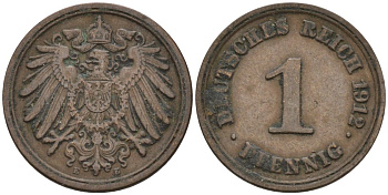 Германия 1 пфенниг 1912 E KM 10, J. 10 медь 4576-246