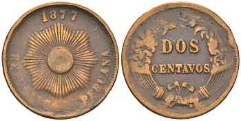 Перу 2 сентаво 1877 KM 188.1a бронза 4582-1025