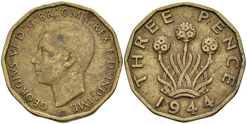 Великобритания 3 пенса 1944 Георг VI (1936-1952) KM 849, Spink 4112 никель латунь 190-644
