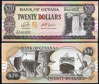 Гайана 20 долларов ND (1996-2018) водопад Кайетур, судостроение, паромное судно "Малали" Pick 30 g  бумага  UNC (пресс) 447-36-2-2