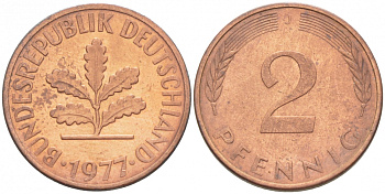 ФРГ 2 пфеннига 1977 J KM 106а, J.381а сталь плакированная медью 3996-1115