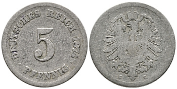ГЕРМАНИЯ 5 ПФЕННИГОВ 1874 C, СТАРОГЕРБОВКА KM 3, J. 3 медно-никель 39-316