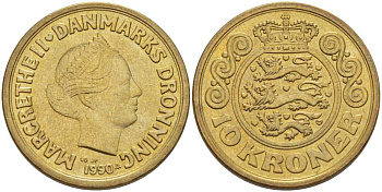 ДАНИЯ 10 КРОН 1990 LG; JP; A, МАРГРЕТЕ II (1972-) KM 867.2 алюминиевая бронза 202-842