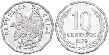 Чили 10 сентаво 1979 KM 205a алюминий 4402-424