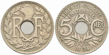 ФРАНЦИЯ 5 САНТИМОВ 1934 ТИП ЛИНДАЙЁ KM 875, LE FRANC 122.17 медно-никель 105-363