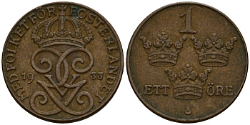 Швеция 1 эре 1933 Густав V (1907-1950) KM 777.2 бронза 4154-735